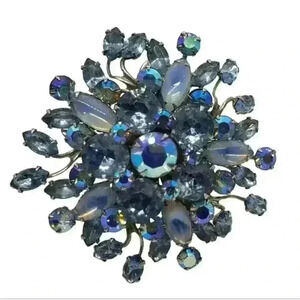 Vintage Blue Brooch Rhinestone & Moonstone Beau Judy Lee Spray Large Statement